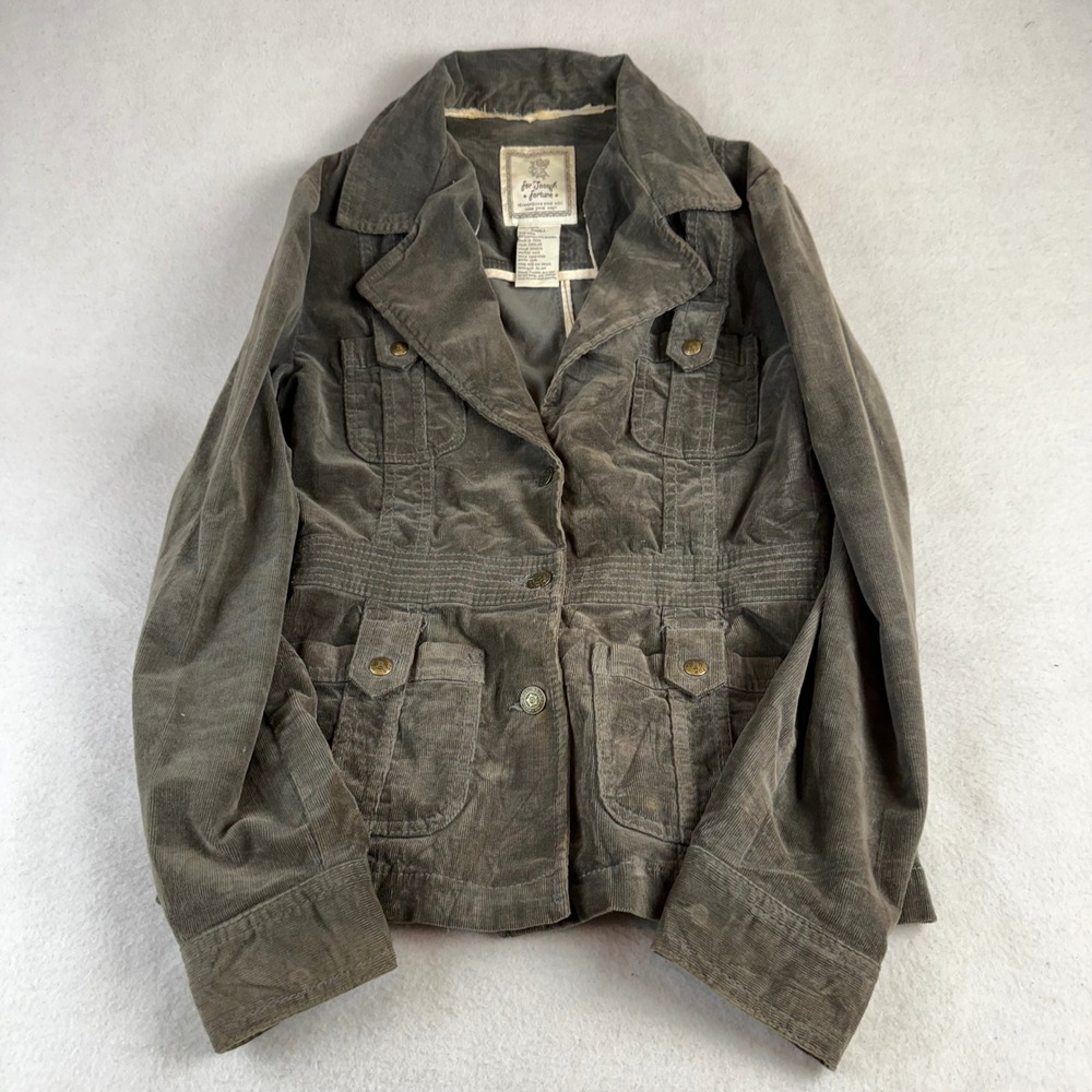 For Joseph Fortune Womens Corduroy Utility Jacket Smocked Waist Gray Green Small